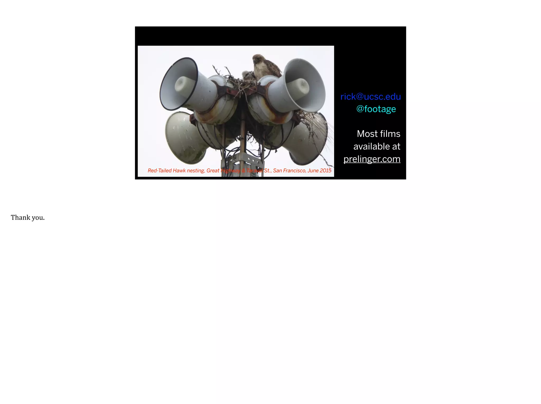 Red-Tailed Hawk nesting, Great Highway & Taraval St., San Francisco, June 2015
rick@ucsc.edu
@footage
Most ﬁlms
available at
prelinger.com
Thank	you.
 