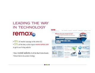 leading the way
in technology


• 92% of market coverage in the entire U.S.
• 55% of the time, visitors type in www.remax.com
to get to our listing website

• Most visited website of all the Real Estate Brands
• Direct link to Associate’s listings
 