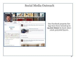 18
Our Facebook property list-
ings have been viewed up to
15,000 times by local, inter-
ested, potential buyers.
Social Media Outreach
 