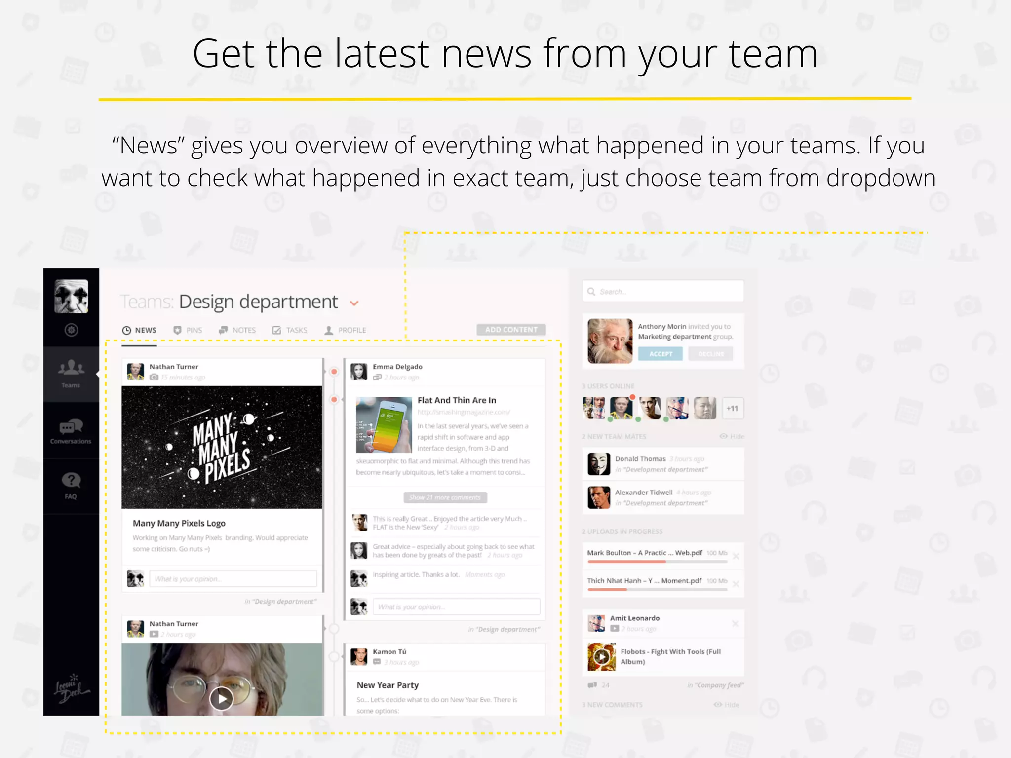 Get the latest news from your team
“News” gives you overview of everything what happened in your teams. If you
want to check what happened in exact team, just choose team from dropdown

 