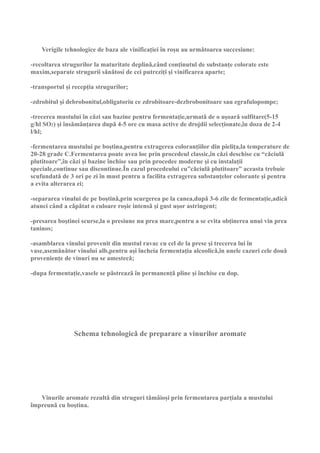 Verigile tehnologice de baza ale vinificaţiei în roşu au urmǎtoarea succesiune:

-recoltarea strugurilor la maturitate deplinǎ,când conţinutul de substanţe colorate este
maxim,separate strugurii sǎnǎtosi de cei putreziţi şi vinificarea aparte;

-transportul şi recepţia strugurilor;

-zdrobitul şi debrobonitul,obligatoriu ce zdrobitoare-dezbrobonitoare sau egrafulopompe;

-trecerea mustului în cǎzi sau bazine pentru fermentaţie,urmatǎ de o uşoarǎ sulfitare(5-15
g/hl SO2) şi însǎmânţarea dupǎ 4-5 ore cu masa active de drojdii selecţionate,în doza de 2-4
l/hl;

-fermentarea mustului pe boştina,pentru extragerea coloranţiilor din pieliţa,la temperature de
20-28 grade C.Fermentarea poate avea loc prin procedeul classic,în cǎzi deschise cu “cǎciulǎ
plutitoare”,în cǎzi şi bazine închise sau prin procedee moderne şi cu instalaţii
speciale,continue sau discontinue.În cazul procedeului cu”cǎciulǎ plutitoare” aceasta trebuie
scufundatǎ de 3 ori pe zi în must pentru a facilita extragerea substanţelor colorante şi pentru
a evita alterarea ei;

-separarea vinului de pe boştinǎ,prin scurgerea pe la canea,dupǎ 3-6 zile de fermentaţie,adicǎ
atunci când a cǎpǎtat o culoare roşie intensǎ şi gust uşor astringent;

-presarea boştinei scurse,la o presiune nu prea mare,pentru a se evita obţinerea unui vin prea
taninos;

-asamblarea vinului provenit din mustul ravac cu cel de la prese şi trecerea lui în
vase,asemǎnǎtor vinului alb,pentru aşi încheia fermentaţia alcoolicǎ,în unele cazuri cele douǎ
provenienţe de vinuri nu se amestecǎ;

-dupa fermentaţie,vasele se pǎstreazǎ în permanenţǎ pline şi închise cu dop.




                Schema tehnologicǎ de preparare a vinurilor aromate




   Vinurile aromate rezultǎ din struguri tǎmâioşi prin fermentarea parţiala a mustului
împreunǎ cu boştina.
 