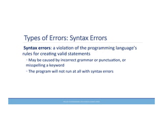 Types  of  Errors:  Syntax  Errors
	
  Syntax	
  errors:	
  a	
  violaMon	
  of	
  the	
  programming	
  language’s	
  
rules	
  for	
  creaMng	
  valid	
  statements	
  	
  
◦	
  May	
  be	
  caused	
  by	
  incorrect	
  grammar	
  or	
  punctuaMon,	
  or	
  
misspelling	
  a	
  keyword	
  
◦	
  The	
  program	
  will	
  not	
  run	
  at	
  all	
  with	
  syntax	
  errors	
  
PRELUDE	
  TO	
  PROGRAMMING,	
  6TH	
  EDITION	
  BY	
  ELIZABETH	
  DRAKE	
  
 