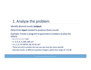1.  Analyze  the  problem
	
  IdenMfy	
  desired	
  results	
  (output)	
  
	
  Determine	
  input	
  needed	
  to	
  produce	
  those	
  results	
  
	
  Example:	
  Create	
  a	
  program	
  to	
  generate	
  6	
  numbers	
  to	
  play	
  the	
  
loXery	
  
◦ Is	
  7,	
  7,	
  7,	
  7,	
  7,	
  7	
  ok?	
  	
  
◦ Is	
  -­‐3,	
  0,	
  8,	
  9,	
  689,	
  689	
  ok?	
  
◦ Is	
  1,	
  2,	
  6,	
  47.98765,	
  88,	
  93.45	
  ok?	
  	
  
◦ These	
  are	
  all	
  6	
  numbers	
  but	
  we	
  see	
  we	
  must	
  be	
  more	
  speciﬁc	
  
◦ Desired	
  results:	
  6	
  diﬀerent	
  posiMve	
  integers	
  within	
  the	
  range	
  of	
  1	
  to	
  40	
  
PRELUDE	
  TO	
  PROGRAMMING,	
  6TH	
  EDITION	
  BY	
  ELIZABETH	
  DRAKE	
  
 