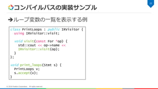 コンパイルパスの実装サンプル
ループ変数の一覧を表示する例
22
© 2018 Fixstars Corporation. All rights reserved.
class PrintLoops : public IRVisitor {
using IRVisitor::visit;
void visit(const For *op) {
std::cout << op->name <<
IRVisitor::visit(op);
}
};
void print_loops(Stmt s) {
PrintLoops v;
s.accept(v);
}
 