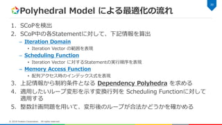 Polyhedral Model による最適化の流れ
1. SCoPを検出
2. SCoP中の各Statementに対して、下記情報を算出
– Iteration Domain
• Iteration Vector の範囲を表現
– Scheduling Function
• Iteration Vector に対するStatementの実行順序を表現
– Memory Access Function
• 配列アクセス時のインデックス式を表現
3. 上記情報から制約条件となる Dependency Polyhedra を求める
4. 適用したいループ変形を示す変換行列を Scheduling Functionに対して
適用する
5. 整数計画問題を用いて、変形後のループが合法かどうかを確かめる
30
© 2018 Fixstars Corporation. All rights reserved.
 