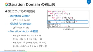 Iteration Domain の導出例
S2についての導出例
– Iteration Vector
• 𝒊 𝑆2 = (𝑦, 𝑥, 𝑘𝑦, 𝑘𝑥)
– Global Parameter
• 𝒈 𝑆2
= (𝐻, 𝑊, 𝐾𝑆)
– Iteration Vector の範囲
• 0 ≤ 𝑦 < 𝐻 (⇒ 0 ≤ 𝑥 ≤ 𝐻 − 1)
• 0 ≤ 𝑥 < 𝑊 (⇒ 0 ≤ 𝑦 ≤ 𝑊 − 1)
• 0 ≤ 𝑘𝑦 < 𝐾𝐻 (⇒ 0 ≤ 𝑘𝑦 ≤ 𝐾𝐻 − 1)
• 0 ≤ 𝑘𝑥 < 𝐾𝑊 (⇒ 0 ≤ 𝑘𝑥 ≤ 𝐾𝑊 − 1)
33
© 2018 Fixstars Corporation. All rights reserved.
サンプルコード
for (y=0; y<H; y++)
for (x=0; x<W; x++) {
S1: s = 0; //S1
for (ky=0; y<KS; ky++)
for (kx=0; x<KS; kx++)
S2: s += src[y+ky][x+kx] *
kernel[ky][kx];
S3: dst[y][x] = s >> t;
}
 