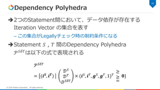 Dependency Polyhedra
2つのStatement間において、データ依存が存在する
Iteration Vector の集合を表す
– この集合がLegallyチェック時の制約条件になる
Statement 𝑆 , 𝑇 間のDependency Polyhedra
𝒫 𝑆𝛿𝑇
は以下の式で表現される
42
© 2018 Fixstars Corporation. All rights reserved.
𝒫 𝑆𝛿𝑇
= (𝒊 𝑺, 𝒊 𝑻)
𝒟 𝑆
𝒟 𝑇
𝐷 𝑆𝛿𝑇
× (𝒊 𝑆, 𝒊 𝑇, 𝒈 𝑆, 𝒈 𝑇, 1) 𝑇
≥
≥
=
𝟎}
 