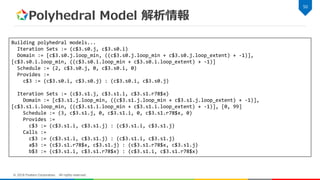 Polyhedral Model 解析情報
50
© 2018 Fixstars Corporation. All rights reserved.
Building polyhedral models...
Iteration Sets := (c$3.s0.j, c$3.s0.i)
Domain := [c$3.s0.j.loop_min, ((c$3.s0.j.loop_min + c$3.s0.j.loop_extent) + -1)],
[c$3.s0.i.loop_min, ((c$3.s0.i.loop_min + c$3.s0.i.loop_extent) + -1)]
Schedule := (2, c$3.s0.j, 0, c$3.s0.i, 0)
Provides :=
c$3 := (c$3.s0.i, c$3.s0.j) : (c$3.s0.i, c$3.s0.j)
Iteration Sets := (c$3.s1.j, c$3.s1.i, c$3.s1.r78$x)
Domain := [c$3.s1.j.loop_min, ((c$3.s1.j.loop_min + c$3.s1.j.loop_extent) + -1)],
[c$3.s1.i.loop_min, ((c$3.s1.i.loop_min + c$3.s1.i.loop_extent) + -1)], [0, 99]
Schedule := (3, c$3.s1.j, 0, c$3.s1.i, 0, c$3.s1.r78$x, 0)
Provides :=
c$3 := (c$3.s1.i, c$3.s1.j) : (c$3.s1.i, c$3.s1.j)
Calls :=
c$3 := (c$3.s1.i, c$3.s1.j) : (c$3.s1.i, c$3.s1.j)
a$3 := (c$3.s1.r78$x, c$3.s1.j) : (c$3.s1.r78$x, c$3.s1.j)
b$3 := (c$3.s1.i, c$3.s1.r78$x) : (c$3.s1.i, c$3.s1.r78$x)
 