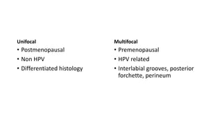 Unifocal
• Postmenopausal
• Non HPV
• Differentiated histology
Multifocal
• Premenopausal
• HPV related
• Interlabial grooves, posterior
forchette, perineum
 