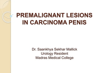 PREMALIGNANT LESIONS
IN CARCINOMA PENIS
Dr. Saankhya Sekhar Mallick
Urology Resident
Madras Medical College
 