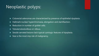 Neoplastic polyps:
 Colorectal adenomas are characterized by presence of epithelial dysplasia.
 Hallmark-nuclear hyperchromasia, elongation and startifiaction.
 Reduction in number of goblet cells.
 Tubular,tubulovillous or villous.
 Sessile serrated lesions-lack typical cytologic features of dysplasia.
 Size is the most imp risk of malignancy.
 