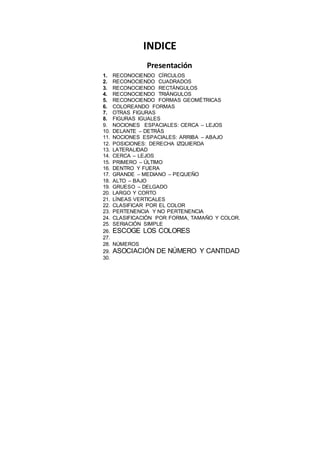 INDICE
Presentación
1. RECONOCIENDO CÍRCULOS
2. RECONOCIENDO CUADRADOS
3. RECONOCIENDO RECTÁNGULOS
4. RECONOCIENDO TRIÁNGULOS
5. RECONOCIENDO FORMAS GEOMÉTRICAS
6. COLOREANDO FORMAS
7. OTRAS FIGURAS
8. FIGURAS IGUALES
9. NOCIONES ESPACIALES: CERCA – LEJOS
10. DELANTE – DETRÁS
11. NOCIONES ESPACIALES: ARRIBA – ABAJO
12. POSICIONES: DERECHA IZQUIERDA
13. LATERALIDAD
14. CERCA – LEJOS
15. PRIMERO – ÚLTIMO
16. DENTRO Y FUERA
17. GRANDE – MEDIANO – PEQUEÑO
18. ALTO – BAJO
19. GRUESO – DELGADO
20. LARGO Y CORTO
21. LÍNEAS VERTICALES
22. CLASIFICAR POR EL COLOR
23. PERTENENCIA Y NO PERTENENCIA
24. CLASIFICACIÓN POR FORMA, TAMAÑO Y COLOR.
25. SERIACIÓN SIMPLE
26. ESCOGE LOS COLORES
27.
28. NÚMEROS
29. ASOCIACIÓN DE NÚMERO Y CANTIDAD
30.
 
