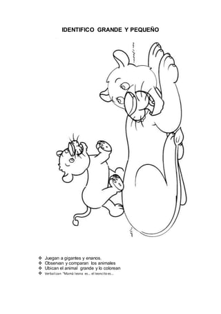IDENTIFICO GRANDE Y PEQUEÑO
 Juegan a gigantes y enanos.
 Observan y comparan los animales
 Ubican el animal grande y lo colorean
 Verbalizan “Mamá leona es… el leoncito es…
 