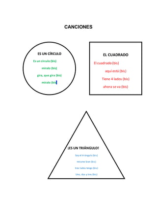 CANCIONES
ES UN CÍRCULO
Es un círculo (bis)
míralo (bis)
gira, que gira (bis)
míralo (bis)
(melodía de campanero)
EL CUADRADO
El cuadrado (bis)
aquí está (bis)
Tiene 4 lados (bis)
ahora se va (bis)
(melodía de campanero)
¡ES UN TRIÁNGULO!
Soy el triángulo (bis)
mírame bien (bis)
tres lados tengo (bis)
Uno, dos y tres (bis)
(melodía de campanero)
 