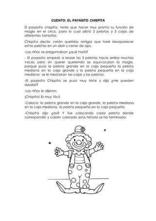 CUENTO: EL PAYASITO CHISPITA
El payasito chispita, tenía que hacer muy pronto su función de
magia en el circo, para lo cual alistó 3 pelotas y 3 cajas de
diferentes tamaños.
Chispita decía: verán queridos amigos que haré desaparecer
estas pelotas en un abrir y cerrar de ojos.
-Los niños se preguntaban ¿qué hará?
- El payasito empezó a lanzar las 3 pelotas hacia arriba muchas
veces pero sin querer queriendo se equivocaron la magia,
porque puso la pelota grande en la caja pequeña la pelota
mediana en la caja grande y la pelota pequeña en la caja
mediana; se le mezclaron las cajas y las pelotas.
-El payasito Chispita se puso muy triste y dijo ¿me pueden
ayudar?
-Los niños le dijeron:
¡Chispita! Es muy fácil.
-Coloca: la pelota grande en la caja grande, la pelota mediana
en la caja mediana, la pelota pequeña en la caja pequeña.
-Chispita dijo ¿así? Y fue colocando cada pelota donde
correspondió y colorín colorado esta historia se ha terminado.
 