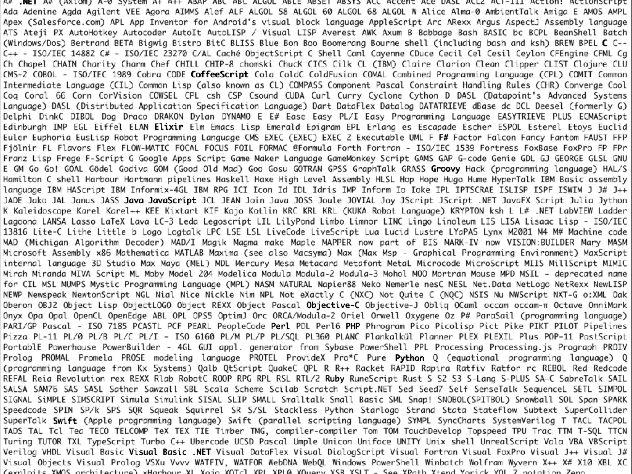 .NET
C
CoffeeScript
Elixir
F#
Groovy
Java JavaScript
Objective-C
PHPPerl
Python
Ruby
Swift
Visual Basic .NET
 