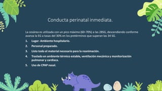 Conducta perinatal inmediata.
La cesárea es utilizada con un pico máximo (60−70%) a las 28SG, descendiendo conforme
avanza la EG a tasas del 30% en los pretérminos que superan las 34 SG.
1. Lugar- Ambiente hospitalario.
2. Personal preparado.
3. Listo todo el material necesario para la reanimación.
4. Traslado en ambiente térmico estable, ventilación mecánica y monitorización
pulmonar y cardiaca.
5. Uso de CPAP nasal.
 