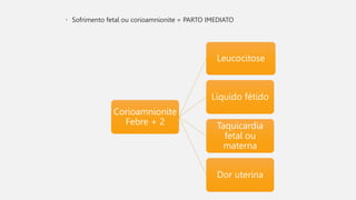• Sofrimento fetal ou corioamnionite = PARTO IMEDIATO
Corioamnionite
Febre + 2
Leucocitose
Líquido fétido
Taquicardia
fetal ou
materna
Dor uterina
 