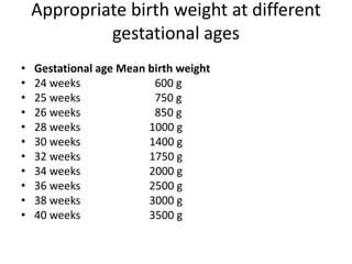 Appropriate birth weight at different
gestational ages
• Gestational age Mean birth weight
• 24 weeks 600 g
• 25 weeks 750 g
• 26 weeks 850 g
• 28 weeks 1000 g
• 30 weeks 1400 g
• 32 weeks 1750 g
• 34 weeks 2000 g
• 36 weeks 2500 g
• 38 weeks 3000 g
• 40 weeks 3500 g
 