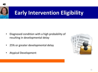 Early Intervention Eligibility Diagnosed condition with a high probability of resulting in developmental delay 25% or greater developmental delay Atypical Development 