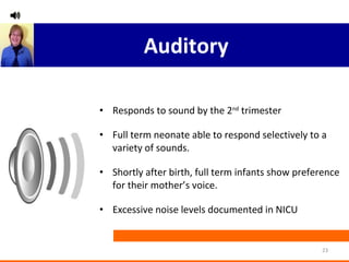 Auditory Responds to sound by the 2 nd  trimester  Full term neonate able to respond selectively to a variety of sounds.  Shortly after birth, full term infants show preference for their mother’s voice. Excessive noise levels documented in NICU 