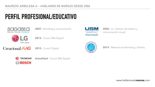 MAURICIO ARBOLEDA A - HABLANDO DE MARCAS DESDE 2006
PERFIL PROFESIONAL/EDUCATIVO
www.hablemosdemarcas.com
2006 - Lic. Gest...