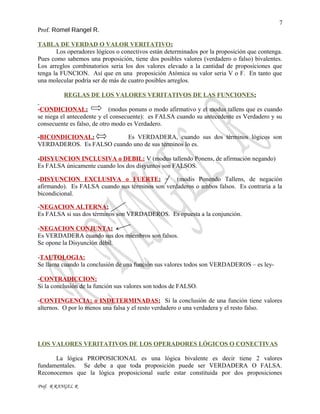 7
Prof. Romel Rangel R.
TABLA DE VERDAD O VALOR VERITATIVO:
Los operadores lógicos o conectivos están determinados por la proposición que contenga.
Pues como sabemos una proposición, tiene dos posibles valores (verdadero o falso) bivalentes.
Los arreglos combinatorios seria los dos valores elevado a la cantidad de proposiciones que
tenga la FUNCION. Así que en una proposición Atómica su valor seria V o F. En tanto que
una molecular podría ser de más de cuatro posibles arreglos.
REGLAS DE LOS VALORES VERITATIVOS DE LAS FUNCIONES:
-CONDICIONAL: (modus ponuns o modo afirmativo y el modus tallens que es cuando
se niega el antecedente y el consecuente): es FALSA cuando su antecedente es Verdadero y su
consecuente es falso, de otro modo es Verdadero.
-BICONDICIONAL: Es VERDADERA, cuando sus dos términos lógicos son
VERDADEROS. Es FALSO cuando uno de sus términos lo es.
-DISYUNCION INCLUSIVA o DEBIL: V (modus tallendo Ponens, de afirmación negando)
Es FALSA únicamente cuando los dos disyuntos son FALSOS.
-DISYUNCION EXCLUSIVA o FUERTE: = (modis Ponendo Tallens, de negación
afirmando). Es FALSA cuando sus términos son verdaderos o ambos falsos. Es contraria a la
bicondicional.
-NEGACION ALTERNA:
Es FALSA si sus dos términos son VERDADEROS. Es opuesta a la conjunción.
-NEGACION CONJUNTA:
Es VERDADERA cuando sus dos miembros son falsos.
Se opone la Disyunción débil.
-TAUTOLOGIA:
Se llama cuando la conclusión de una función sus valores todos son VERDADEROS – es ley-
-CONTRADICCION:
Si la conclusión de la función sus valores son todos de FALSO.
-CONTINGENCIA: o INDETERMINADAS: Si la conclusión de una función tiene valores
alternos. O por lo menos una falsa y el resto verdadero o una verdadera y el resto falso.
LOS VALORES VERITATIVOS DE LOS OPERADORES LÓGICOS O CONECTIVAS
La lógica PROPOSICIONAL es una lógica bivalente es decir tiene 2 valores
fundamentales. Se debe a que toda proposición puede ser VERDADERA O FALSA.
Reconocemos que la lógica proposicional suele estar constituida por dos proposiciones
Prof. R RANGEL R
 