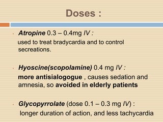 Doses :
• Atropine 0.3 – 0.4mg IV :
used to treat bradycardia and to control
secreations.
• Hyoscine(scopolamine) 0.4 mg IV :
more antisialogogue , causes sedation and
amnesia, so avoided in elderly patients
• Glycopyrrolate (dose 0.1 – 0.3 mg IV) :
longer duration of action, and less tachycardia
 