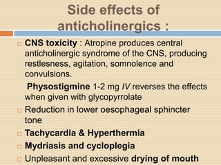 Side effects of
anticholinergics :
 CNS toxicity : Atropine produces central
anticholinergic syndrome of the CNS, producing
restlesness, agitation, somnolence and
convulsions.
Physostigmine 1-2 mg IV reverses the effects
when given with glycopyrrolate
 Reduction in lower oesophageal sphincter
tone
 Tachycardia & Hyperthermia
 Mydriasis and cycloplegia
 Unpleasant and excessive drying of mouth
 