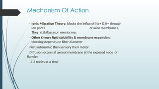 Mechanism Of Action
• Ionic Migration Theory: blocks the influx of Na+ & K+ through
ion pores of axon membranes,
They stabilize axon membrane.
• Other theory lipid solubility & membrane expansion:
blocking depends on fiber diameter
First autonomic then sensory then motor
Diffusion occurs at axonal membrane at the exposed node of
Ranvier
2-3 nodes at a time
 
