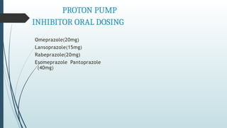 PROTON PUMP
INHIBITOR ORAL DOSING
Omeprazole(20mg)
Lansoprazole(15mg)
Rabeprazole(20mg)
Esomeprazole Pantoprazole
(40mg)
 