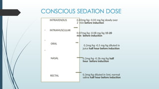 CONSCIOUS SEDATION DOSE
INTRAVENOUS
• INTRAMUSCULAR
•
ORAL
•
NASAL
RECTAL
0.02mg/kg- 0.03 mg/kg slowly over
2 min before induction
0.O7mg/kg -0.08 mg/kg 15-20
min before induction
0.2mg/kg -0.5 mg/kg diluted in
juice half hour before induction
0.2mg/kg -0.3b mg/kg half
hour before induction
0.3mg/kg diluted in 5mL normal
saline half hour before induction
 