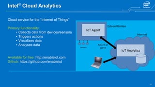 34
Intel®
Cloud Analytics
Cloud service for the “Internet of Things”
Primary functionality:
• Collects data from devices/sensors
• Triggers actions
• Visualizes data
• Analyses data
Available for free: http://enableiot.com
Github: https://github.com/enableiot
 