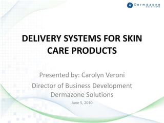 DELIVERY SYSTEMS FOR SKIN CARE PRODUCTS Presented by: Carolyn Veroni  Director of Business Development Dermazone Solutions  June 5, 2010 