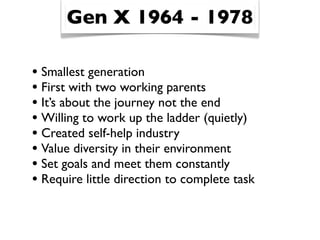 Gen Y Proﬁle
    Want to be Unique
  Strong Need for Input
Desire to Make a Difference
     Reward for Trying
  Quick Atte...