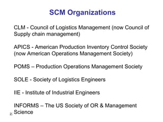 22
SCM Organizations
CLM - Council of Logistics Management (now Council of
Supply chain management)
APICS - American Production Inventory Control Society
(now American Operations Management Society)
POMS – Production Operations Management Society
SOLE - Society of Logistics Engineers
IIE - Institute of Industrial Engineers
INFORMS – The US Society of OR & Management
Science
 