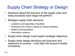 1-24
Supply Chain Strategy or Design
• Decisions about the structure of the supply chain and
what processes each stage will perform
• Strategic supply chain decisions
– Locations and capacities of facilities
– Products to be made or stored at various locations
– Modes of transportation
– Information systems
• Supply chain design must support strategic objectives
• Supply chain design decisions are long-term and
expensive to reverse – must take into account market
uncertainty
 