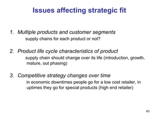 Issues affecting strategic fit
1. Multiple products and customer segments
supply chains for each product or not?
2. Product life cycle characteristics of product
supply chain should change over its life (introduction, growth,
mature, out phasing)
3. Competitive strategy changes over time
in economic downtimes people go for a low cost retailer, in
uptimes they go for special products (high end retailer)
43
 