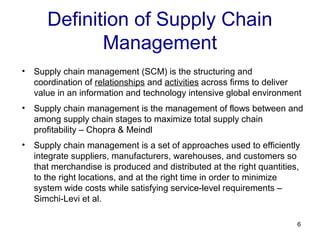 Definition of Supply Chain
Management
6
• Supply chain management (SCM) is the structuring and
coordination of relationships and activities across firms to deliver
value in an information and technology intensive global environment
• Supply chain management is the management of flows between and
among supply chain stages to maximize total supply chain
profitability – Chopra & Meindl
• Supply chain management is a set of approaches used to efficiently
integrate suppliers, manufacturers, warehouses, and customers so
that merchandise is produced and distributed at the right quantities,
to the right locations, and at the right time in order to minimize
system wide costs while satisfying service-level requirements –
Simchi-Levi et al.
 