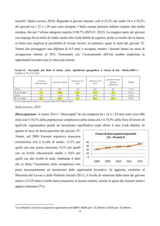 maschi)1 (Italia Lavoro, 2010). Riguardo ai giovani laureati, solo il 25,3% dei under 24 e il 54,2%
dei giovani tra i 25 e i 29 anni sono occupati; l’Italia rimane pertanto indietro rispetto alla media
europea, che per l’ultima categoria registra il 80,7% (ISTAT, 2012). La maggior parte dei giovani
con impiego ha un titolo di studio medio-alto (vedi tabella di seguito), anche se risulta che la laurea,
in Italia non migliora le possibilità di trovare lavoro; al contrario, quasi la metà dei giovani 25-
34enni che posseggono una diploma di 4-5 anni è occupata, mentre i laureati hanno un tasso di
occupazione intorno al 20%. Nonostante ciò, l’avanzamento dell’età sembra migliorare le
opportunità lavorative per le classi più istruite.




Italia Lavoro, 2010

Disoccupazione. A marzo 2012 i “disoccupati” di età compresa tra i 15 e i 24 anni sono circa 600
mila cioè il 10,3% della popolazione complessiva della stessa età e il 35,9% delle forze di lavoro di
quell’età, registrandosi quindi un incremento significativo negli ultimi 4 anni (vedi tabella). In
quanto al tasso di disoccupazione dei giovani 25-
                                                                          Il tasso di disoccupazione giovanile
34enni, nel 2009 Eurostat registrava unascarsa                                        (15 - 24 anni) %
correlazione con il livello di studio: 12,3% per                 40
                                                                                                                 35.9
                                                                 30                          27.8      29.1
quelli con una scarsa istruzione, 9,1% per quelli                        21.3
                                                                                   25.4
                                                                 20
con un livello educazionale medio e 9,6% per                     10
                                                                  0
quelli con alto livello di studi, ribaltando il fatto
                                                                        2008       2009      2010      2011      2012
che in Italia l’incremento delle competenze non
porta necessariamente un incremento delle opportunità lavorative. In aggiunta, conforme al
Ministero del Lavoro e delle Politiche Sociali (2011), il livello di istruzione della metà dei giovani
inattivi (15-29 anni) è molto basso (massimo la licenza media), mentre la quota dei laureati inattivi
appare contenuta (7%).




1
In Lombardia i tassi di occupazione registravano nel 2009 il 28,8% per i 15-24enni e il 81% per i 25-34enni.
                                                           4
 