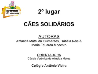 2º lugar
CÃES SOLIDÁRIOS
AUTORAS
Amanda Matsuda Guimarães, Isabela Reis &
Maria Eduarda Modesto
ORIENTADORA
Cássia Verônica de Almeida Moruz
Colégio Antônio Vieira
 