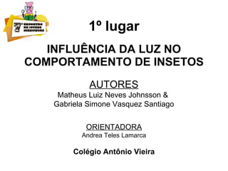 1º lugar
INFLUÊNCIA DA LUZ NO
COMPORTAMENTO DE INSETOS
AUTORES
Matheus Luiz Neves Johnsson &
Gabriela Simone Vasquez Santiago
ORIENTADORA
Andrea Teles Lamarca
Colégio Antônio Vieira
 