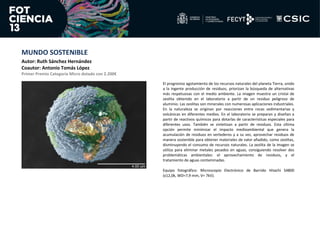 MUNDO SOSTENIBLE
Autor: Ruth Sánchez Hernández
Coautor: Antonio Tomás López
Primer Premio Categoría Micro dotado con 2.200...