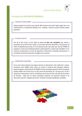 Institut Mont Perdut
8
En relació a les NECESSITATS BÀSIQUES.
Aquest projecte ha permès que prop de 300 alumnes del centre hagin pogut tenir una
revisió dental i un tractament adequat a les malalties i revisions oculars (incloses ulleres
gratuïtes).
Des de fa dos cursos la Creu Roja ha ubicat un dels cinc menjadors que manté a
secundària arreu del territori català. La Creu Roja alimenta diàriament a 30 alumnes de
l’ESO i el Batxillerat que estan en risc d’exclusió social i que estan per sota de l’IPREM. El
projecte es coneix com a #menjarsaalinsti i pretén garantir un àpat al dia saludable i ric en
nutrients i proporcionar un marc de seguiment a l’alumnat en activitats extraescolars i a
les famílies sense feina procurant reintegrar-les al sistema.
Fa 5 cursos vàrem detectar que alguns alumnes es desmaiaven o bé s’adormien a classe.
Juntament amb l’AMPA vàrem posar en marxa la iniciativa dels Entrepans Solidaris.
Aquest programa d’alimentació de l’AMPA ha estat reconegut pel premi del Vè torneig de
Hockey solidari de Terrassa (curs 13-14), premi del Cerclemon de Terrassa (curs 14-15) i
donacions d’associacions com les conferències de Vicenç de Paül i del Club de Ferroviaris
de Terrassa. Cada dia, les mares voluntàries preparen els esmorzars atenent a les
diversitats culturals i religioses del centre i facilitant una dieta equilibrada i saludable.
#menjarsaalinsti
ENTREPANS SOLIDARIS
PROJECTE CERCLEMÓN
 