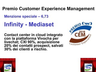 Premio Customer Experience Management
Menzione speciale – 6,73
Infinity - Mediaset
Contact center in cloud integrato
con la piattaforma Vivocha per
livechat; CXI 90%, acquisizione
20% dei contatti prospect, salvati
30% dei clienti a rischio.
 