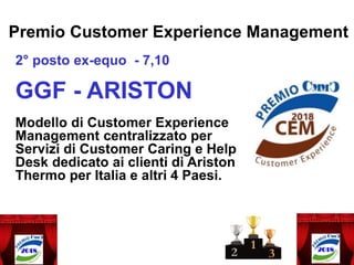 Premio Customer Experience Management
2° posto ex-equo - 7,10
GGF - ARISTON
Modello di Customer Experience
Management centralizzato per
Servizi di Customer Caring e Help
Desk dedicato ai clienti di Ariston
Thermo per Italia e altri 4 Paesi.
 