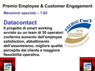 Premio Employee & Customer Engagement
Menzione speciale – 7,65
Datacontact
Il progetto di smart working
avviato su un team di 30 operatori
conferma aumento dell’employee
satisfaction, abbattimento
dell’assenteismo, migliore qualità
percepita dal cliente e maggiore
flessibilità operativa.
.
 
