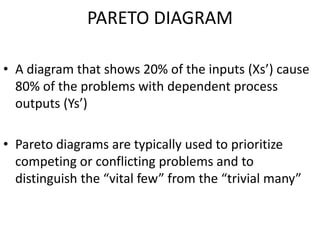 PARETO DIAGRAM
• A diagram that shows 20% of the inputs (Xs’) cause
80% of the problems with dependent process
outputs (Ys’)
• Pareto diagrams are typically used to prioritize
competing or conflicting problems and to
distinguish the “vital few” from the “trivial many”
 