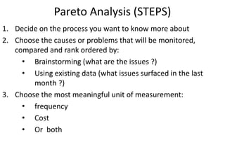 Pareto Analysis (STEPS)
1. Decide on the process you want to know more about
2. Choose the causes or problems that will be monitored,
compared and rank ordered by:
• Brainstorming (what are the issues ?)
• Using existing data (what issues surfaced in the last
month ?)
3. Choose the most meaningful unit of measurement:
• frequency
• Cost
• Or both
 