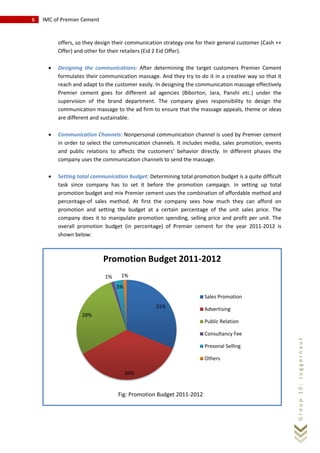 6 IMC of Premier Cement
Group10:Juggernaut
offers, so they design their communication strategy one for their general customer (Cash ++
Offer) and other for their retailers (Eid 2 Eid Offer).
• Designing the communications: After determining the target customers Premier Cement
formulates their communication massage. And they try to do it in a creative way so that it
reach and adapt to the customer easily. In designing the communication massage effectively
Premier cement goes for different ad agencies (Biborton, Jara, Panshi etc.) under the
supervision of the brand department. The company gives responsibility to design the
communication massage to the ad firm to ensure that the massage appeals, theme or ideas
are different and sustainable.
• Communication Channels: Nonpersonal communication channel is used by Premier cement
in order to select the communication channels. It includes media, sales promotion, events
and public relations to affects the customers’ behavior directly. In different phases the
company uses the communication channels to send the massage.
• Setting total communication budget: Determining total promotion budget is a quite difficult
task since company has to set it before the promotion campaign. In setting up total
promotion budget and mix Premier cement uses the combination of affordable method and
percentage-of sales method. At first the company sees how much they can afford on
promotion and setting the budget at a certain percentage of the unit sales price. The
company does it to manipulate promotion spending, selling price and profit per unit. The
overall promotion budget (in percentage) of Premier cement for the year 2011-2012 is
shown below:
31%
36%
28%
1%
3%
1%
Promotion Budget 2011-2012
Sales Promotion
Advertising
Public Relation
Consultancy Fee
Presonal Selling
Others
Fig: Promotion Budget 2011-2012
 